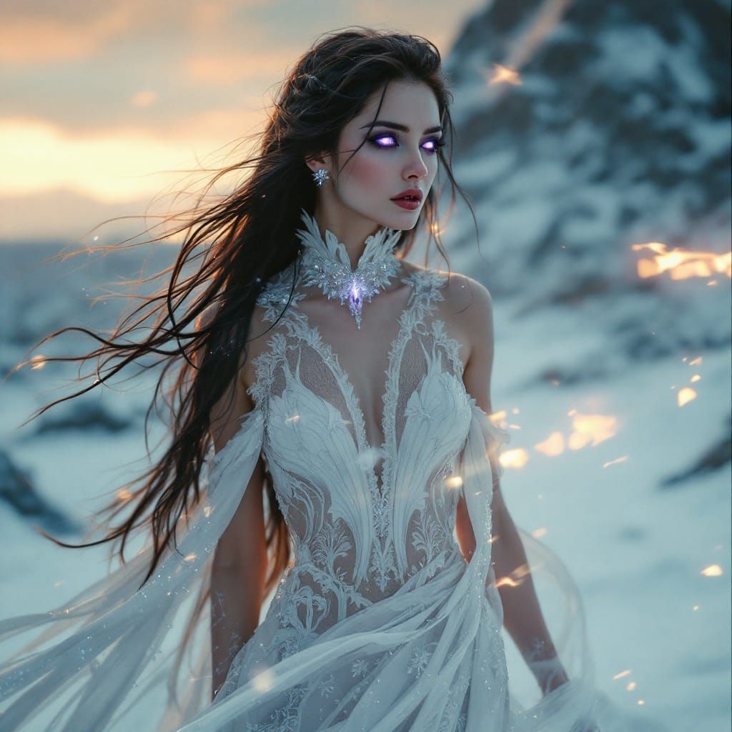 Mysterious Woman in Frozen Wasteland: Hyperrealistic Art