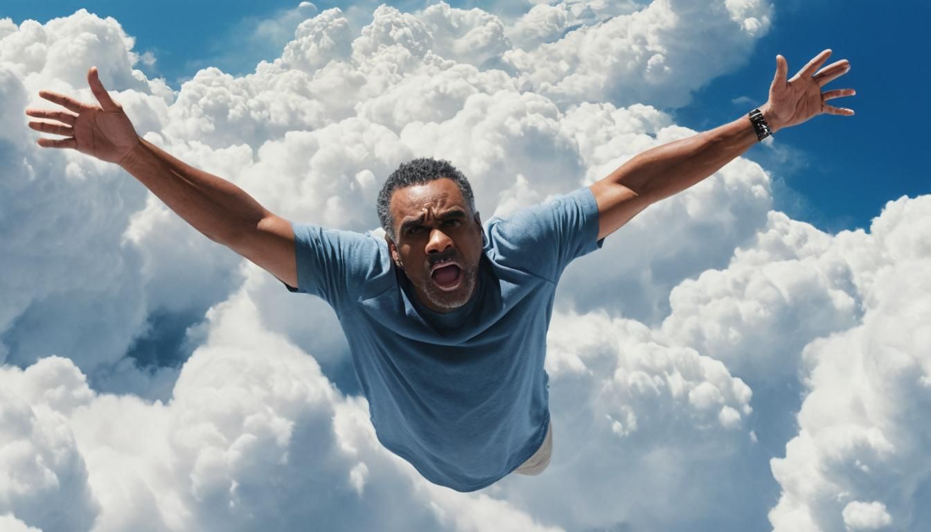 Me Falling Through Cloudy Sky in Dystopian Art Style