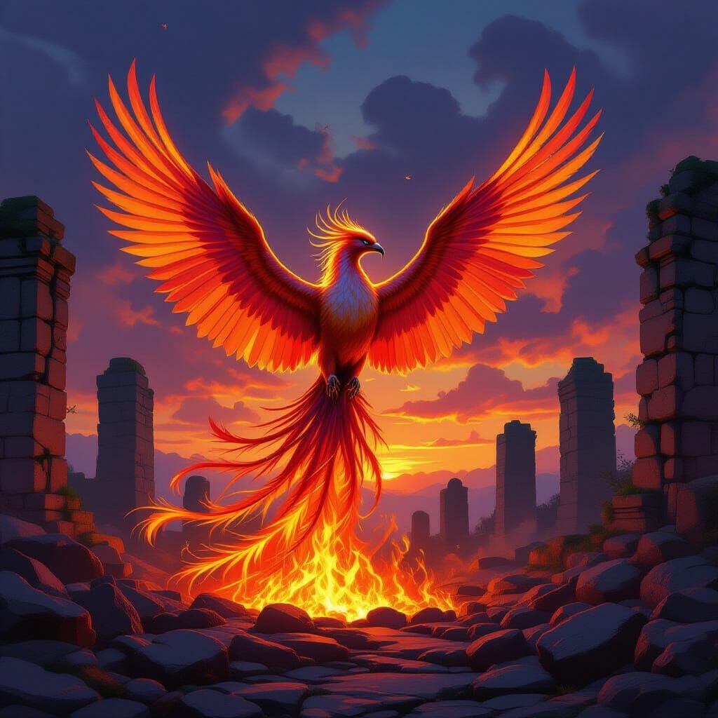 Majestic Phoenix Rises from Embers in Epic Fantasy Style