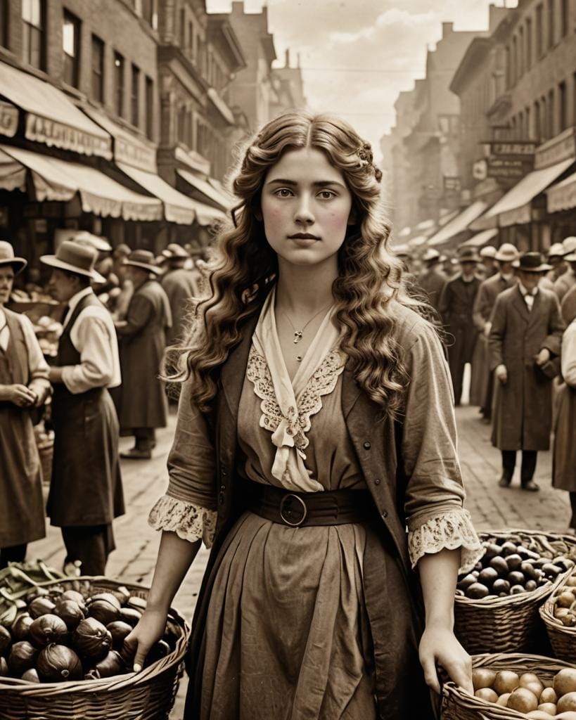 Vintage Sepia Photograph of Woman in Morning Market