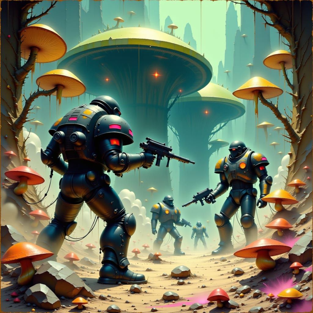 Space Marines vs. Carnivorous Mushrooms in Cosmic Battle