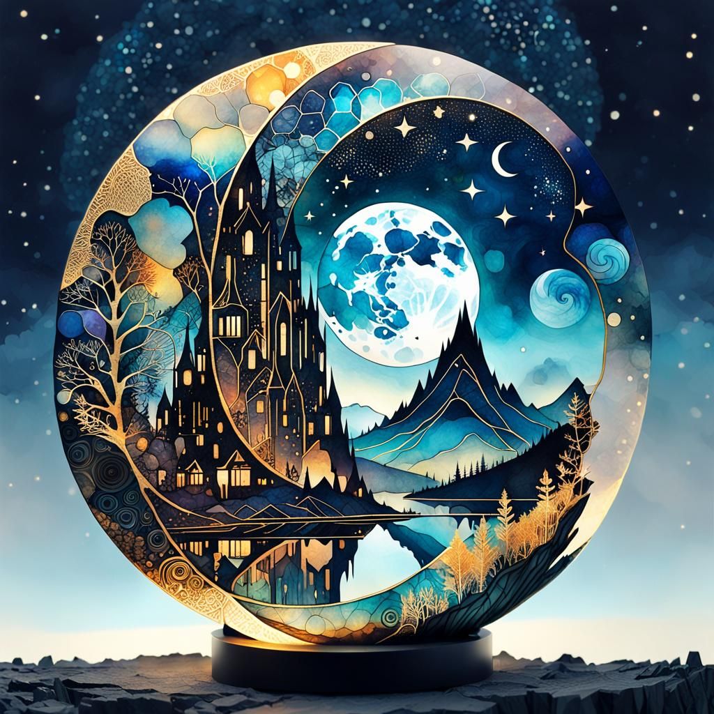 Mythical Moonstone Landscape in Alcohol Ink Style