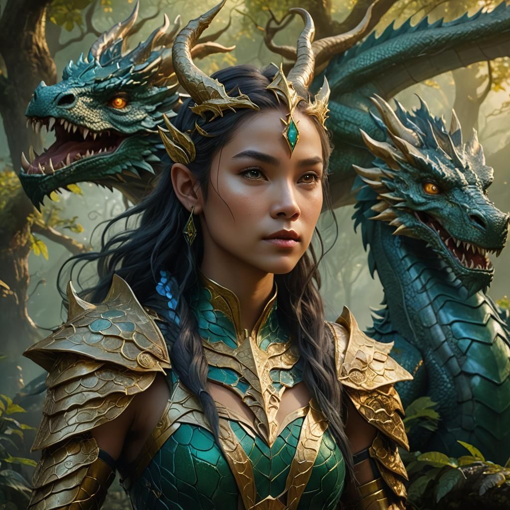 Dragon Princess with Companion in Mythical Forest