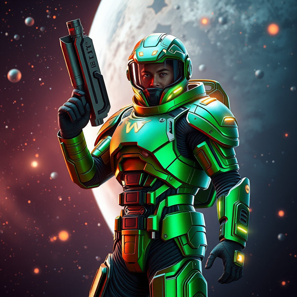 Green Armored Spaceman with Blaster in Cosmic Scene