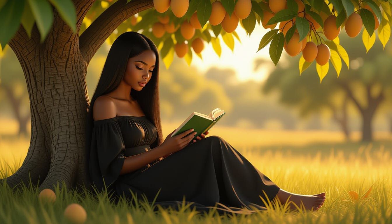 Young African Woman Reads Book Under Mango Tree