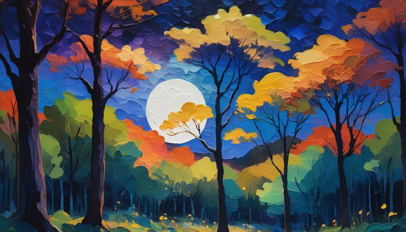Impressionist Moonlight Gouache Painting with Colorful Trees