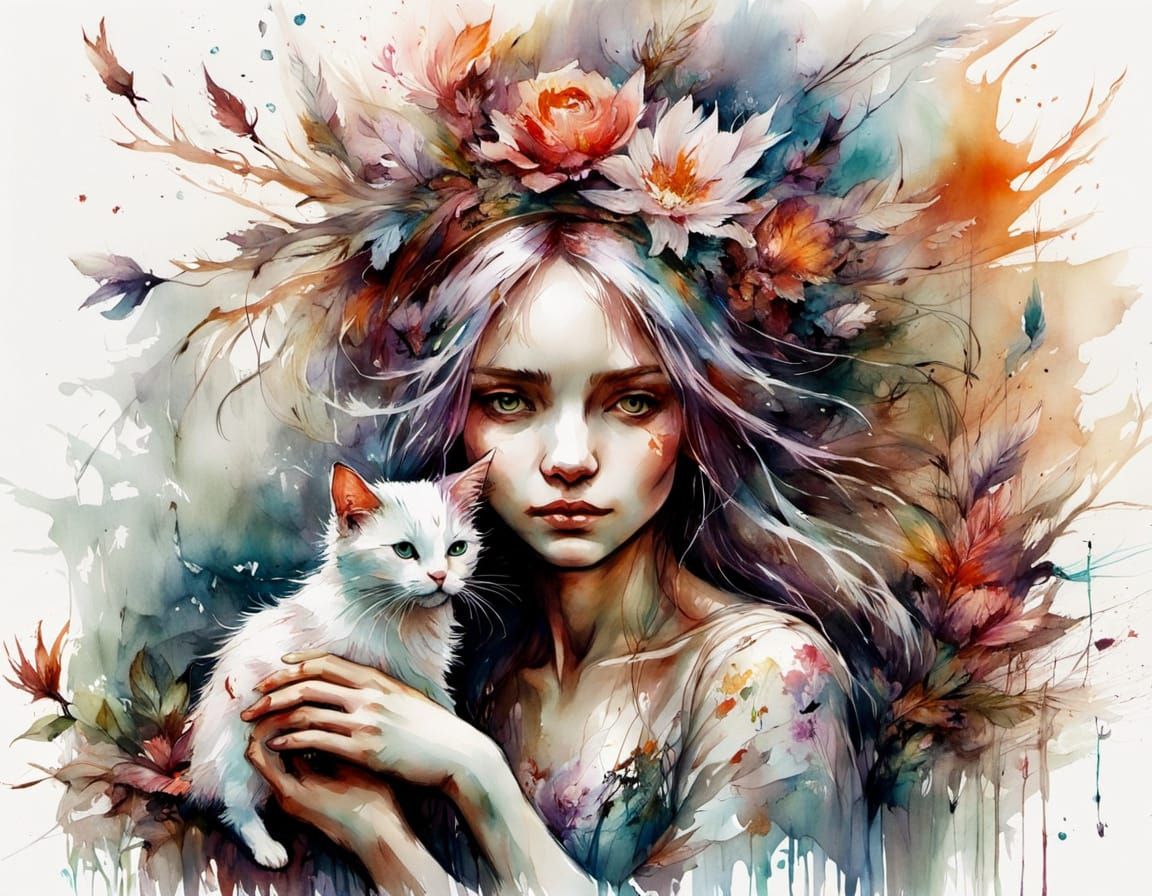 White Witch and Cat in Expressive Watercolour Style