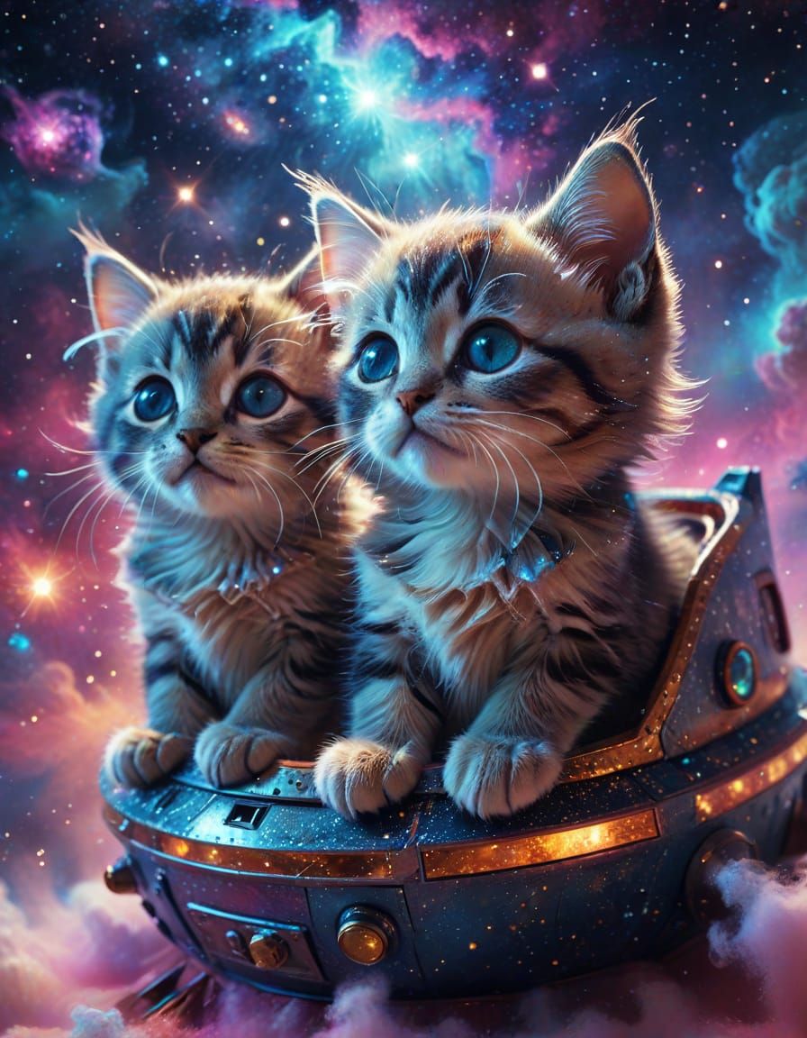 Whimsical Space Kitten Explorers in Cosmic Nebula