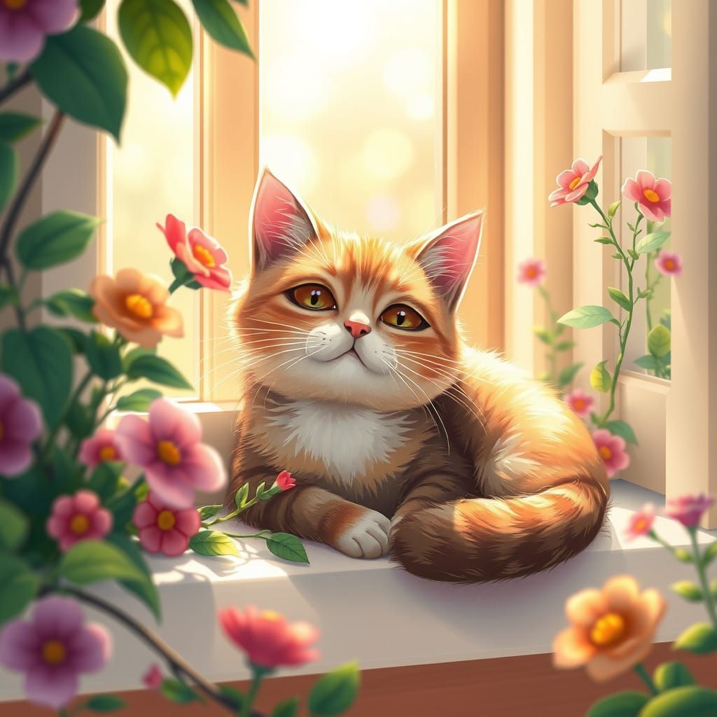 Whimsical Feline in a Sunlit Oasis