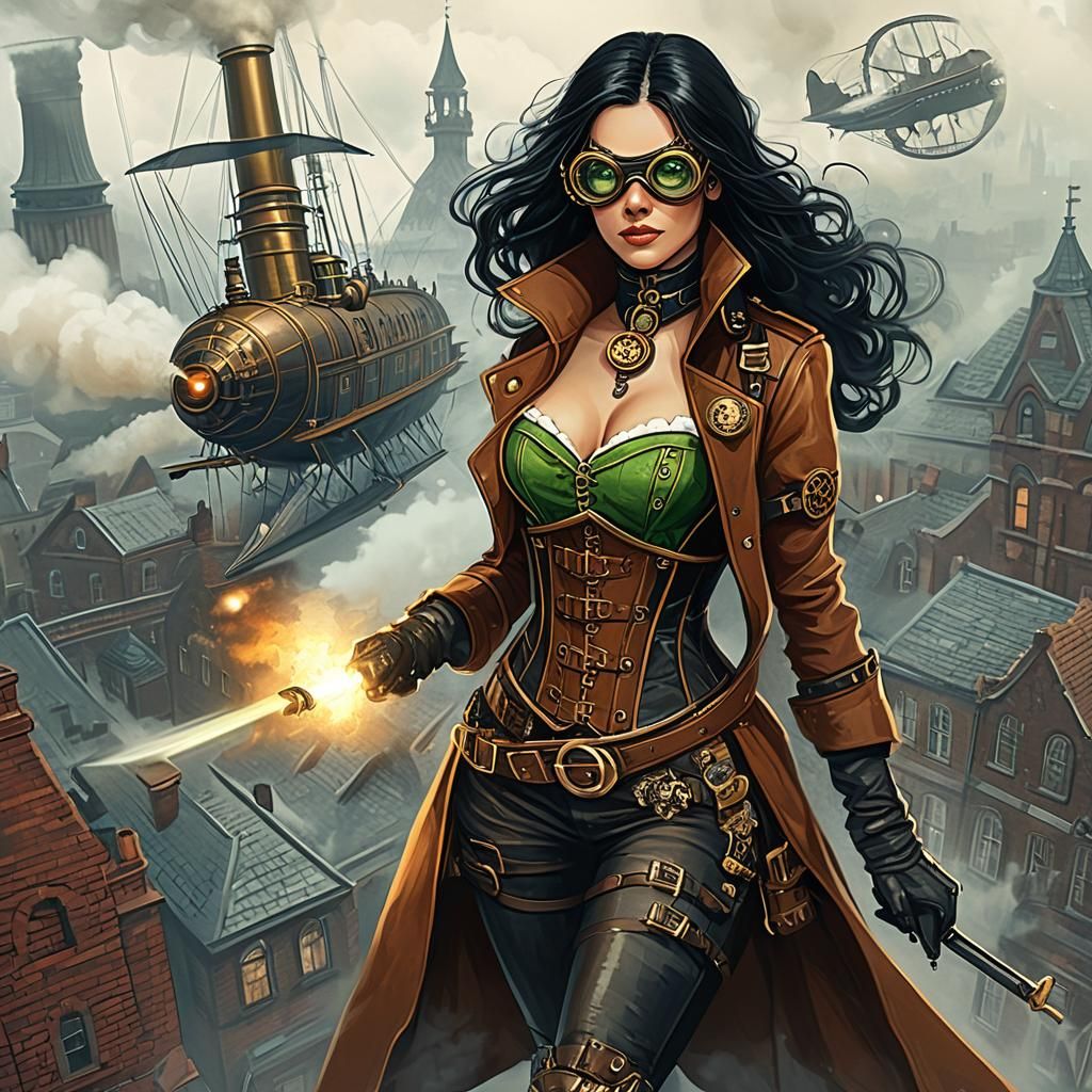 Steampunk Woman in Airship Illustration