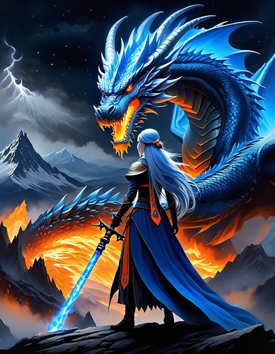 Girl with Blue Dragon in Fantasy Art Style