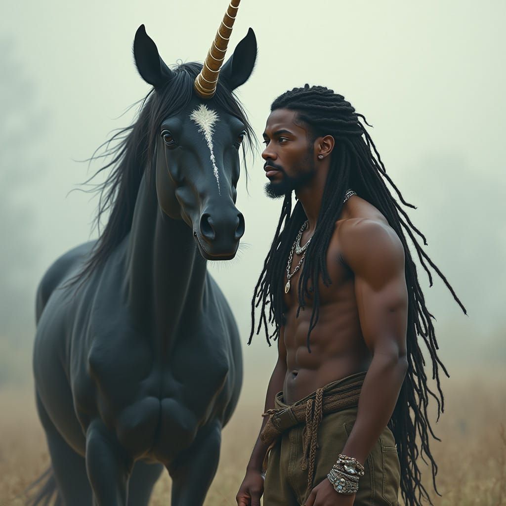 Stallion and Majestic Black Alicorn in Ethereal Landscape