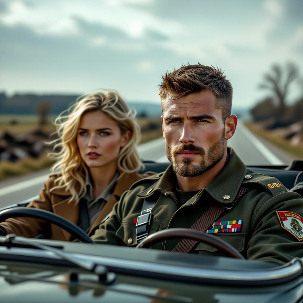 Pre-Raphaelite Soldier Driving Through Wasteland