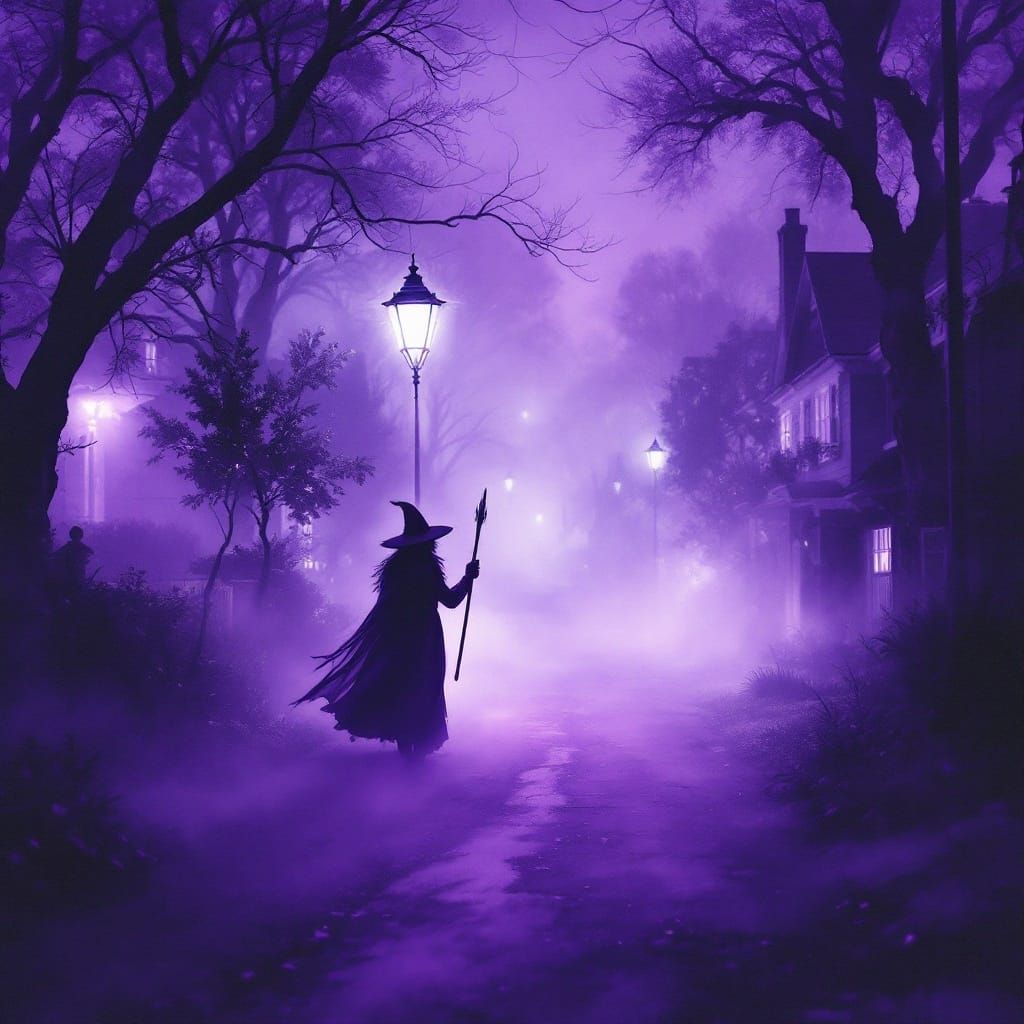 Mysterious Witch Emerges from Twilight Mist in a Dreamy Wate...