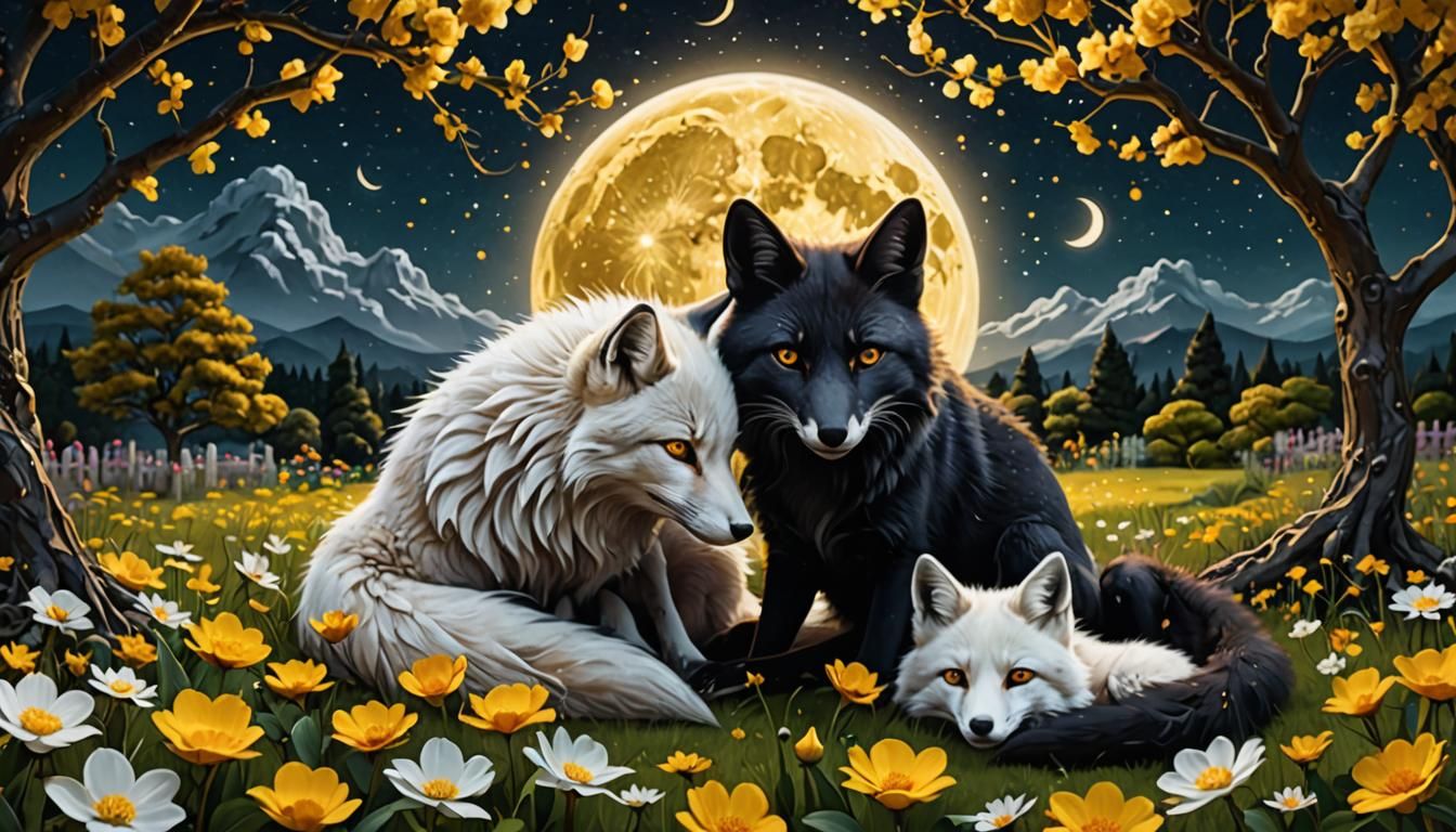 Fox Family Cuddled Under Starry Night Sky