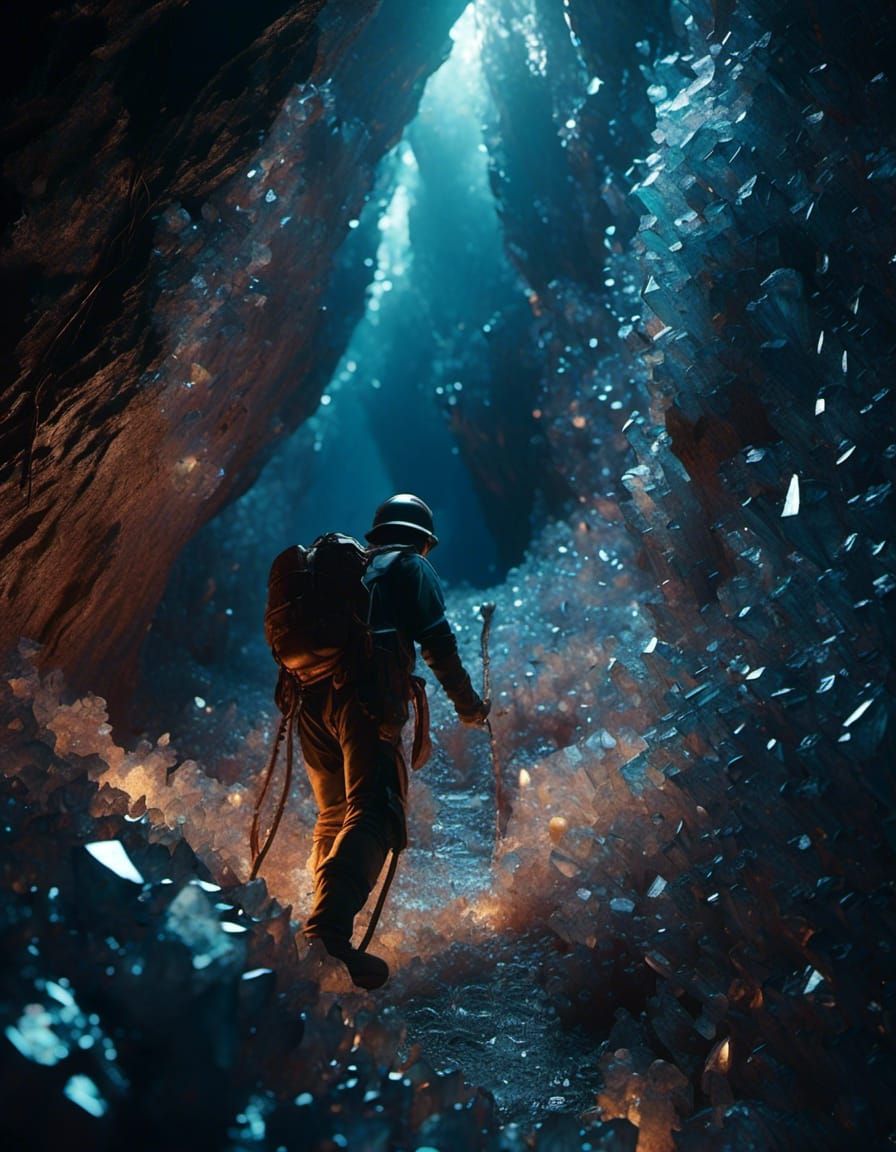 Man Climbs Crystal Cavern Wall in Detailed CGI