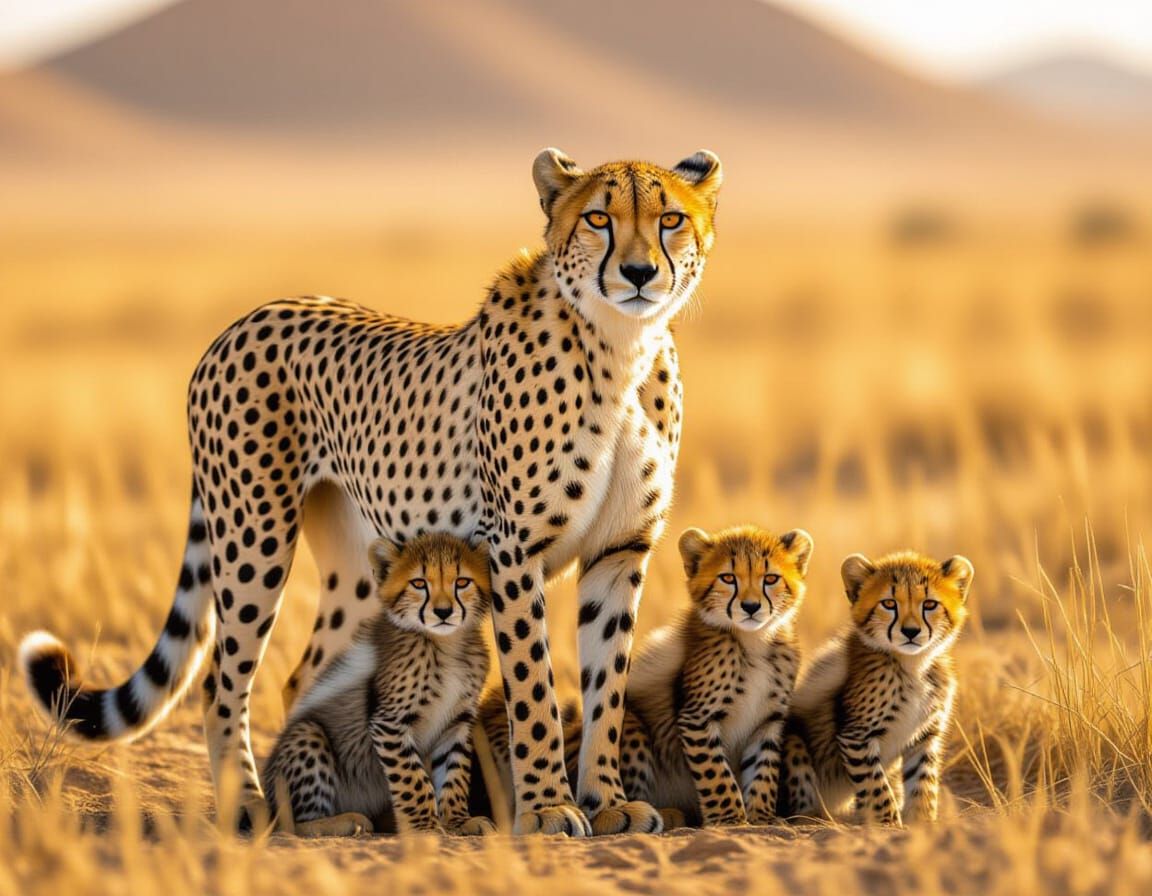 Cheetah Family in Sunlit Dry Grassland