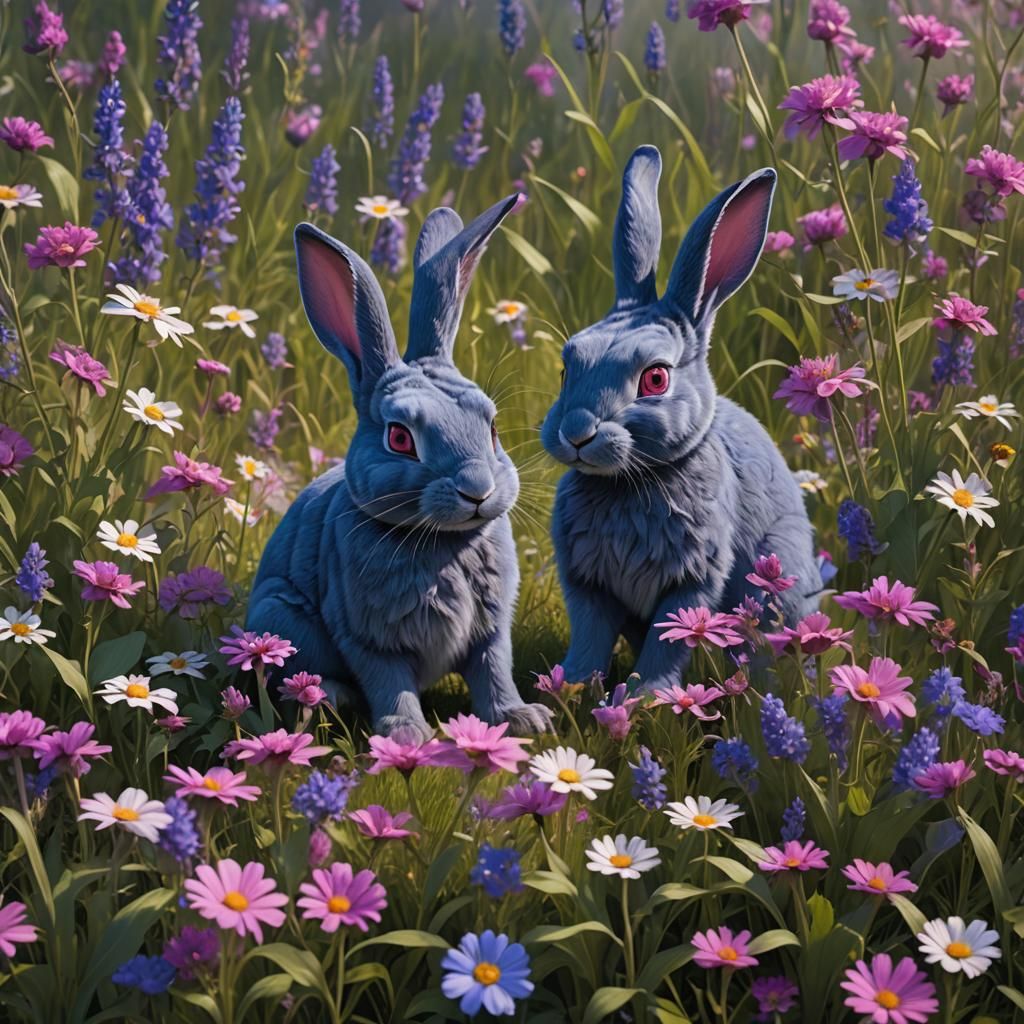 Blue Rabbit in Wildflower Field: Fantasy Concept Art