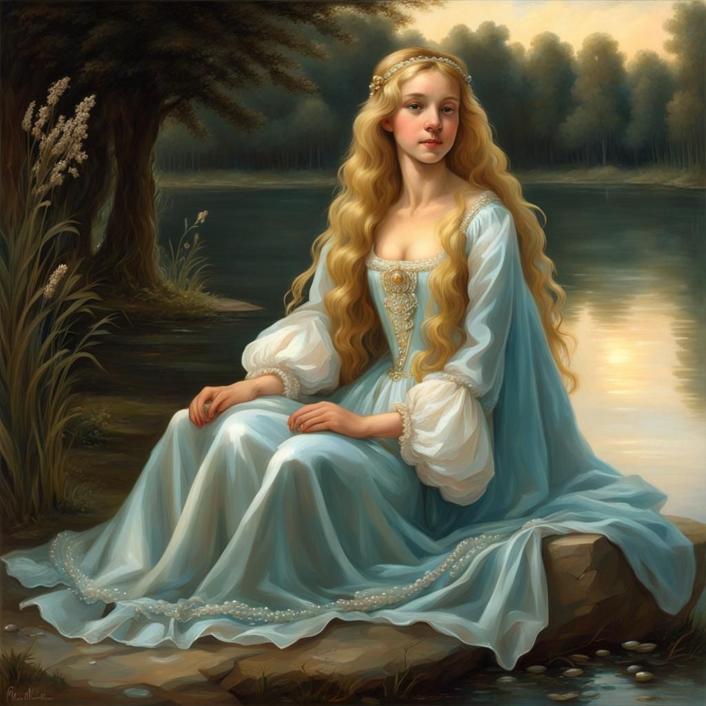 Renaissance Girl with Pearl Embroidery in Lake