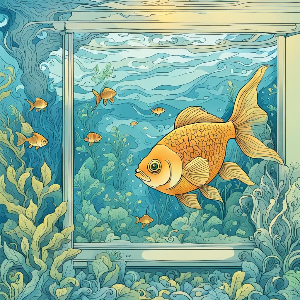 Goldfish in Bedroom Aquarium: Doodle Art Style
