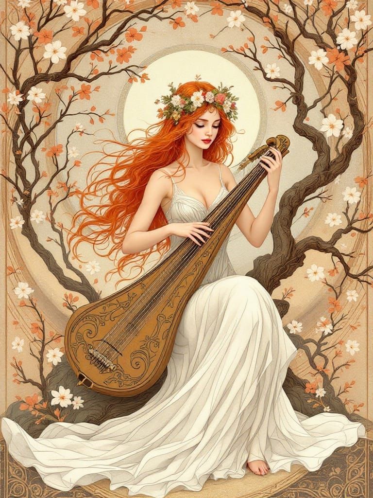 Ethereal Woman Plays Harp in Enchanted Garden Setting