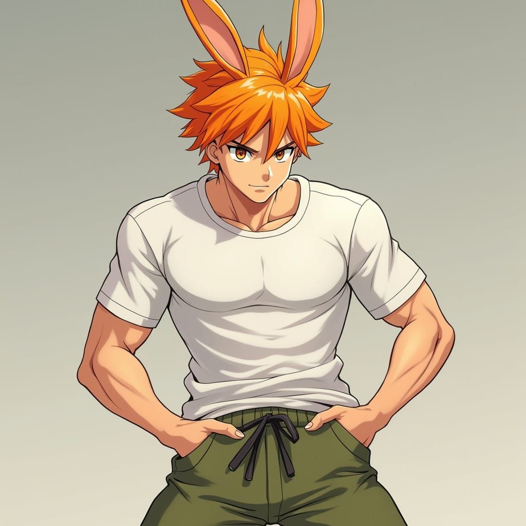 Vibrant Cut Man with Orange Bunny Ears in Anime Style