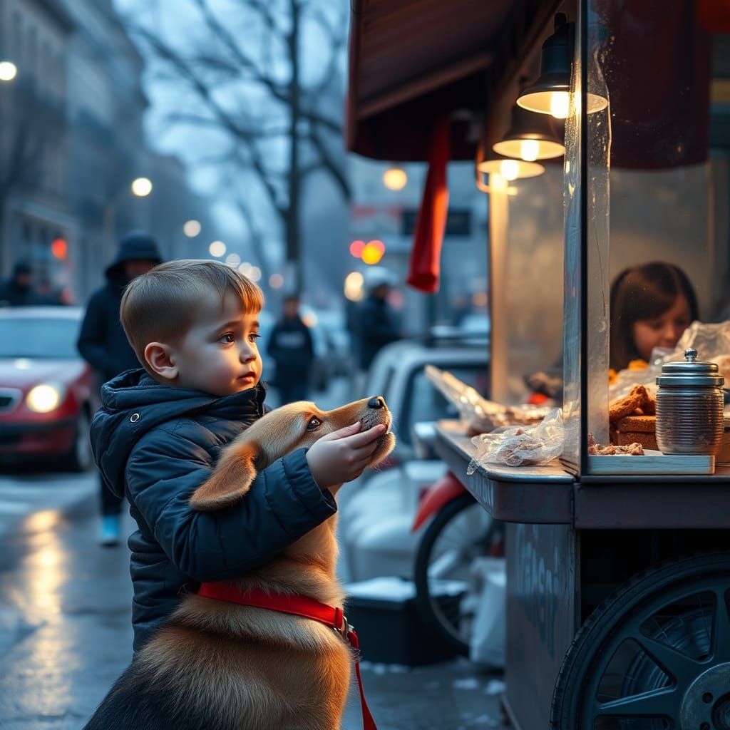 Child Feeds Stray Dog on Gloomy Evening