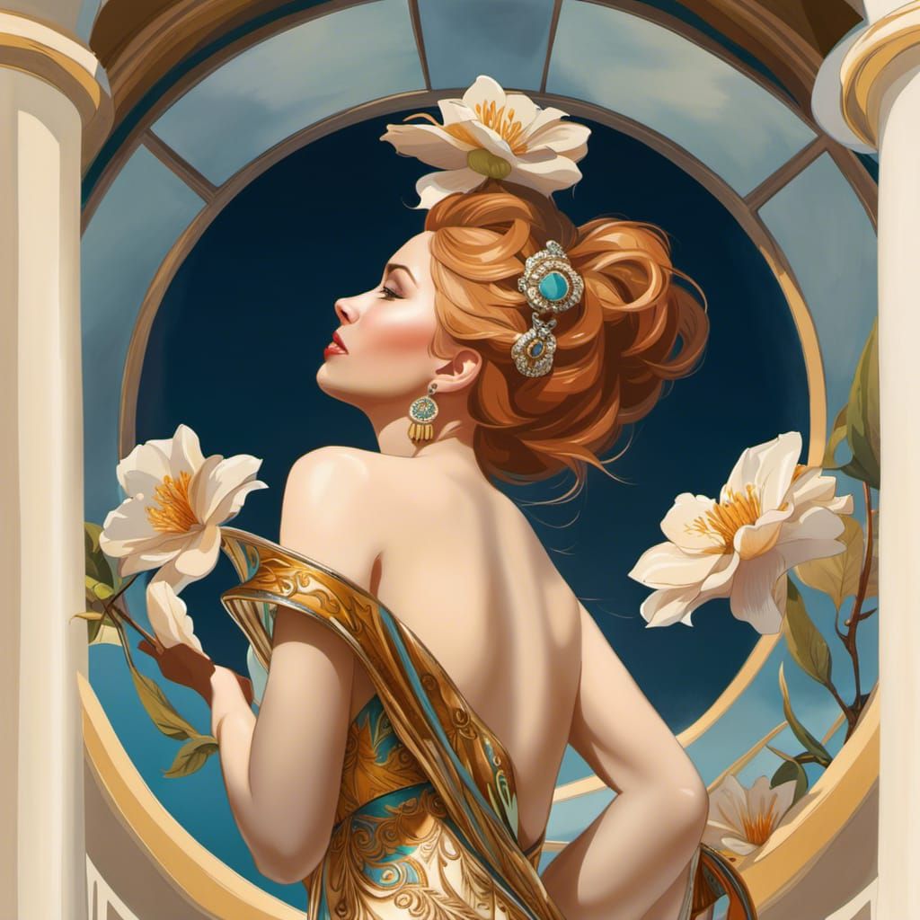 Glamorous Starlet on Beach in Mucha-Inspired Style