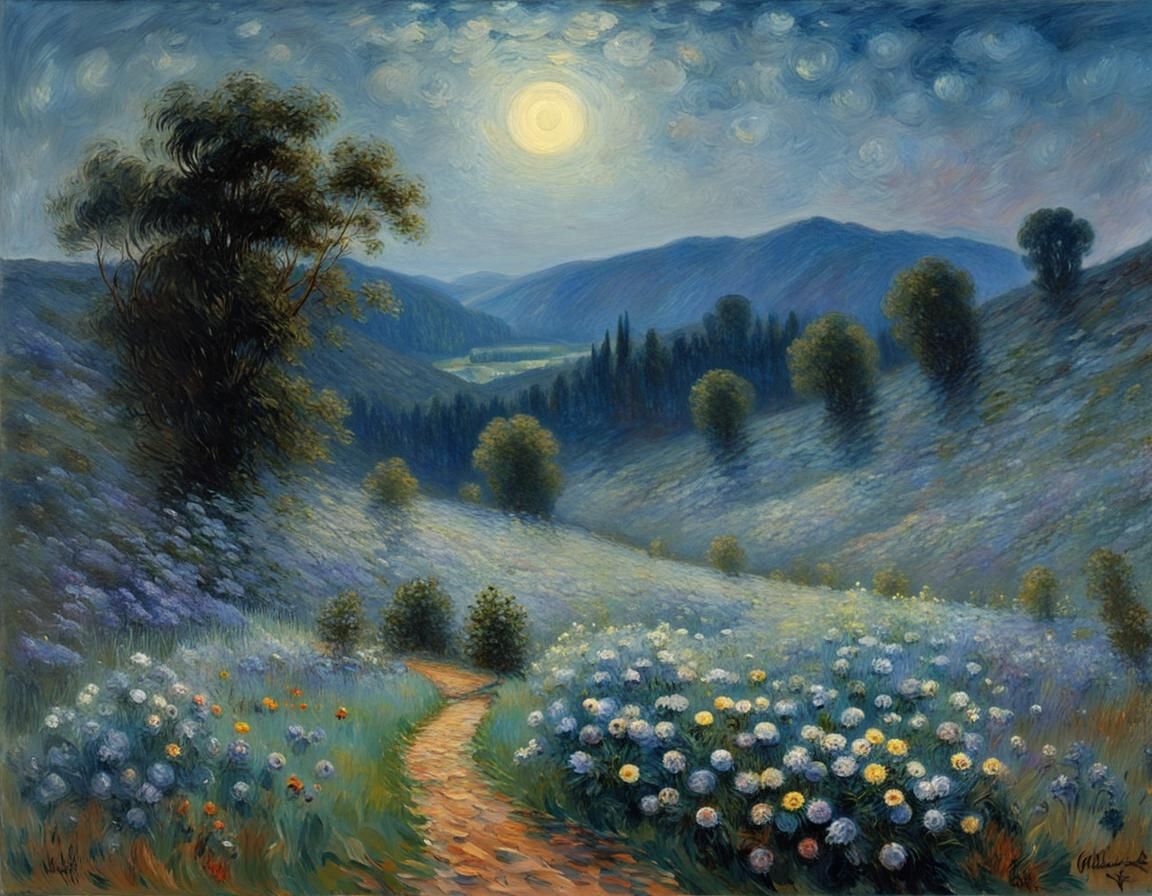 Moonlit Wildflower Landscape in Impressionistic Style