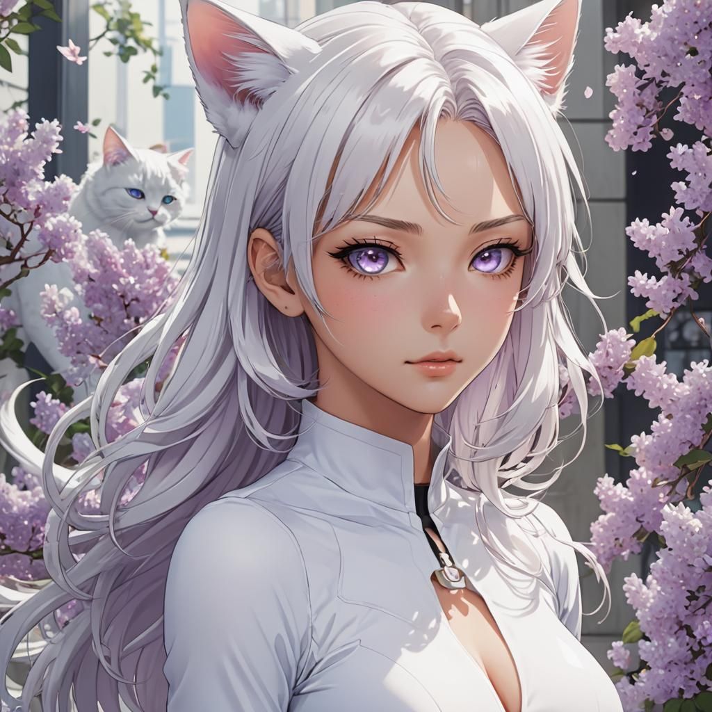 Anime Girl with Lilac Eyes in White Suit