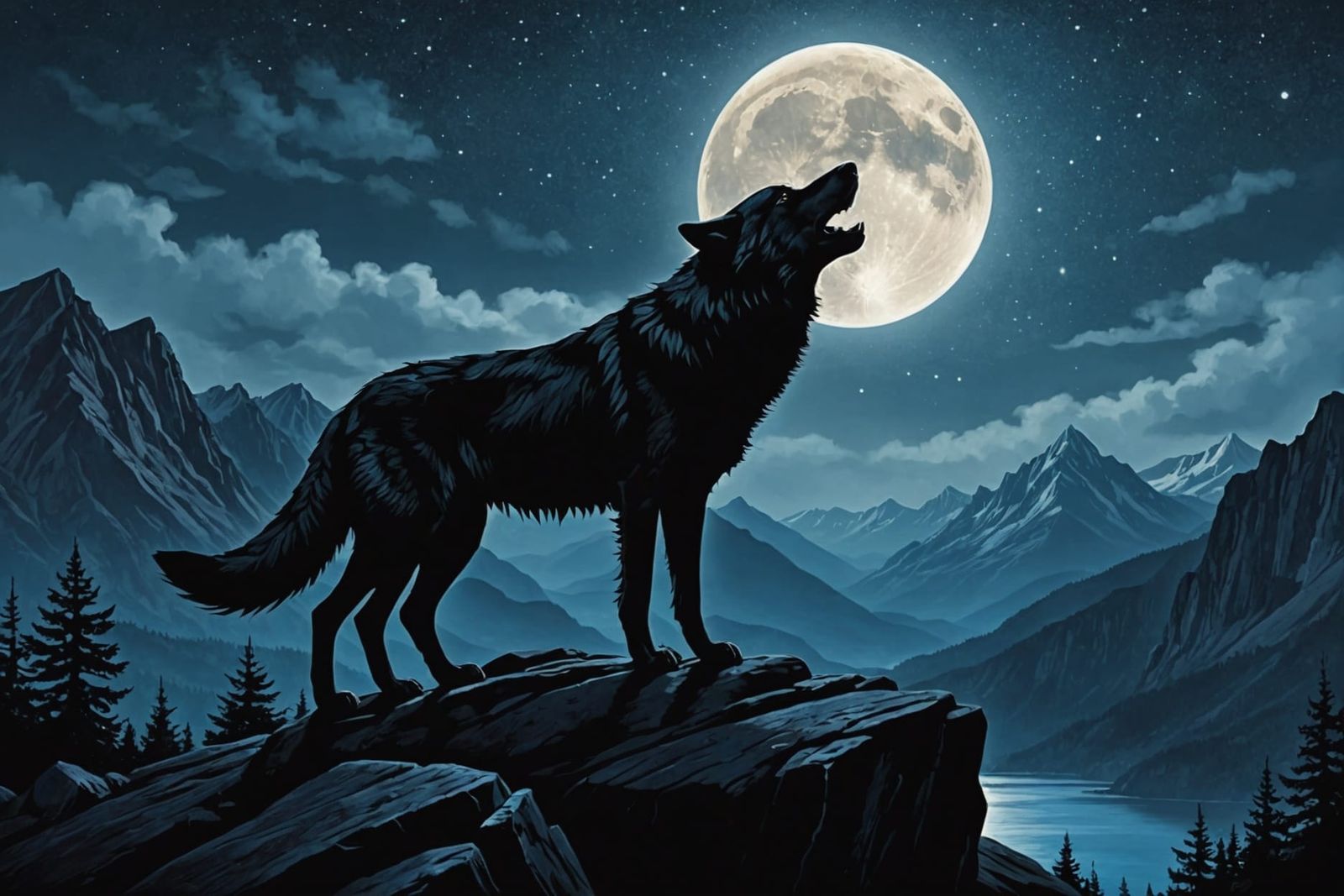 Wolf Howling Under Moon in Expressionist Style