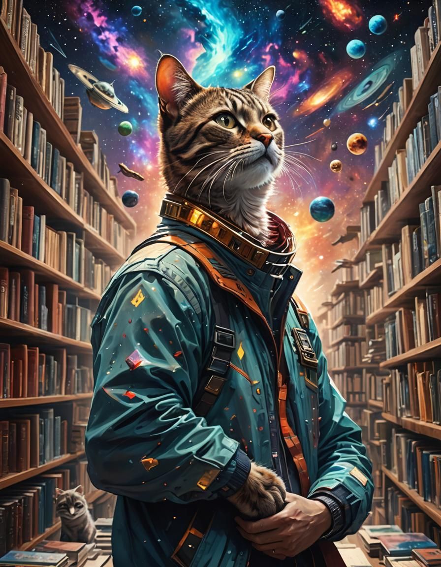 Man with Cat in Galactic Floating Library