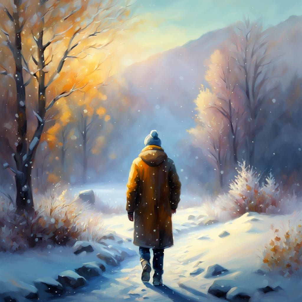 Person Walking in Snowy Landscape as Oil Painting