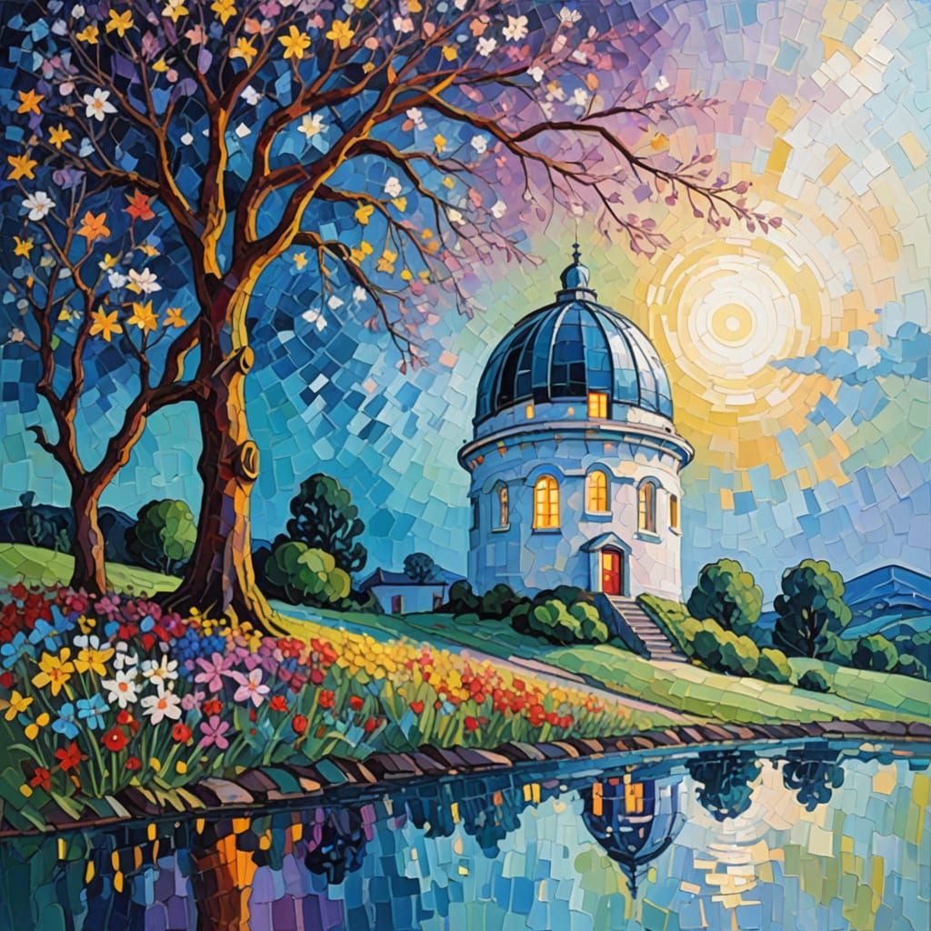 Cosmic Observatory Under Starry Skies with Vibrant Floral Me...