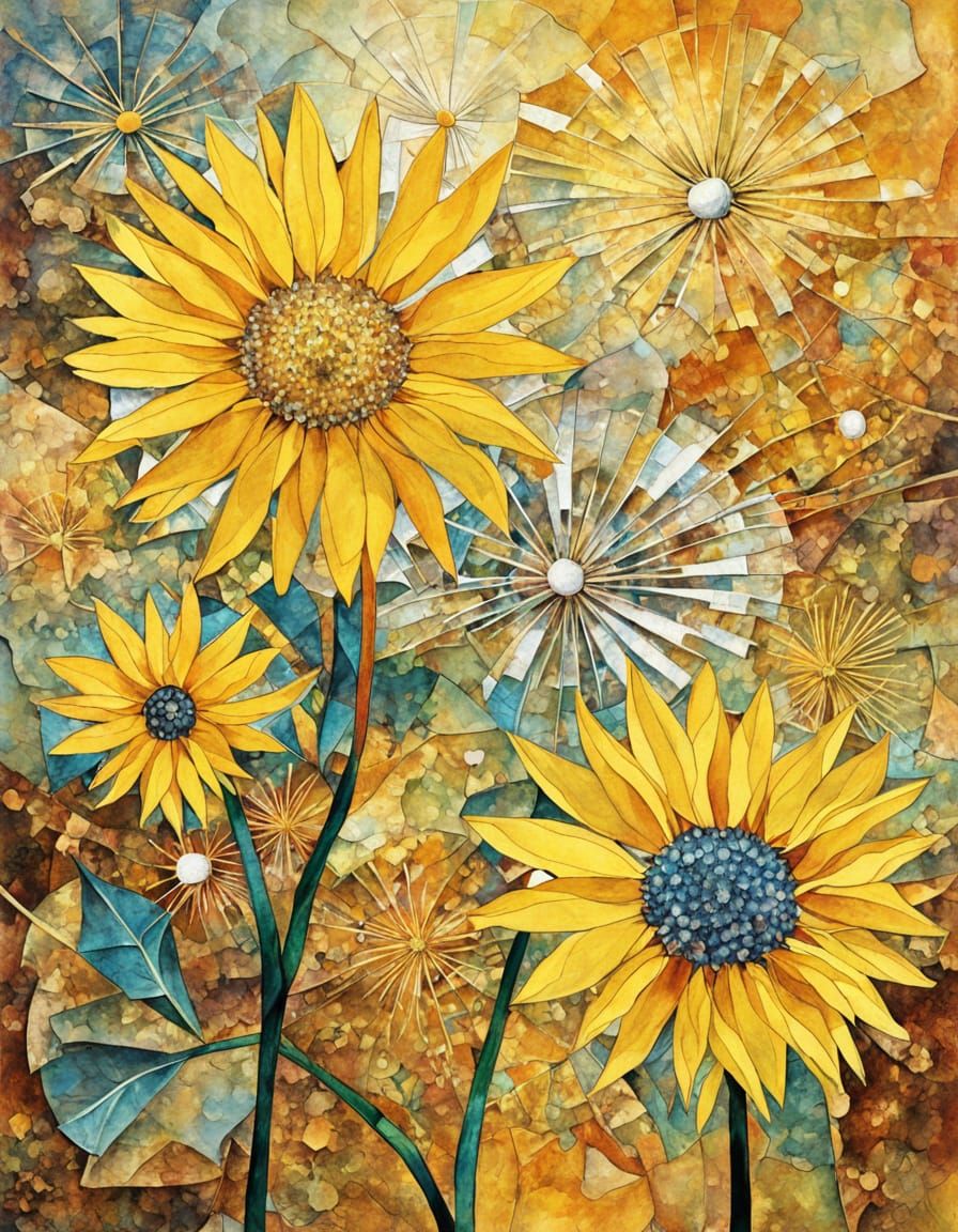 Golden Dandelion Fractals in Cubist Watercolor Style