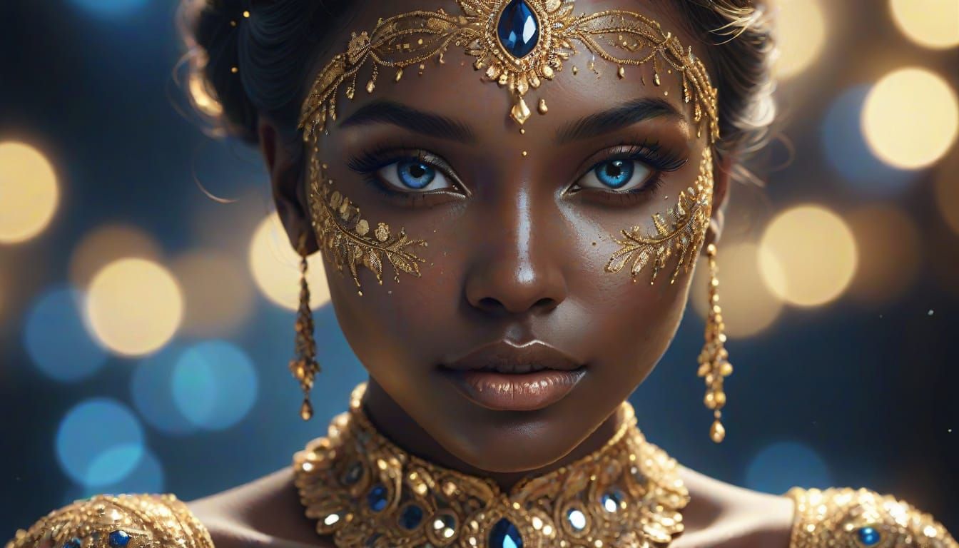 Beautiful Woman with Glistening Skin and Golden Embroidery