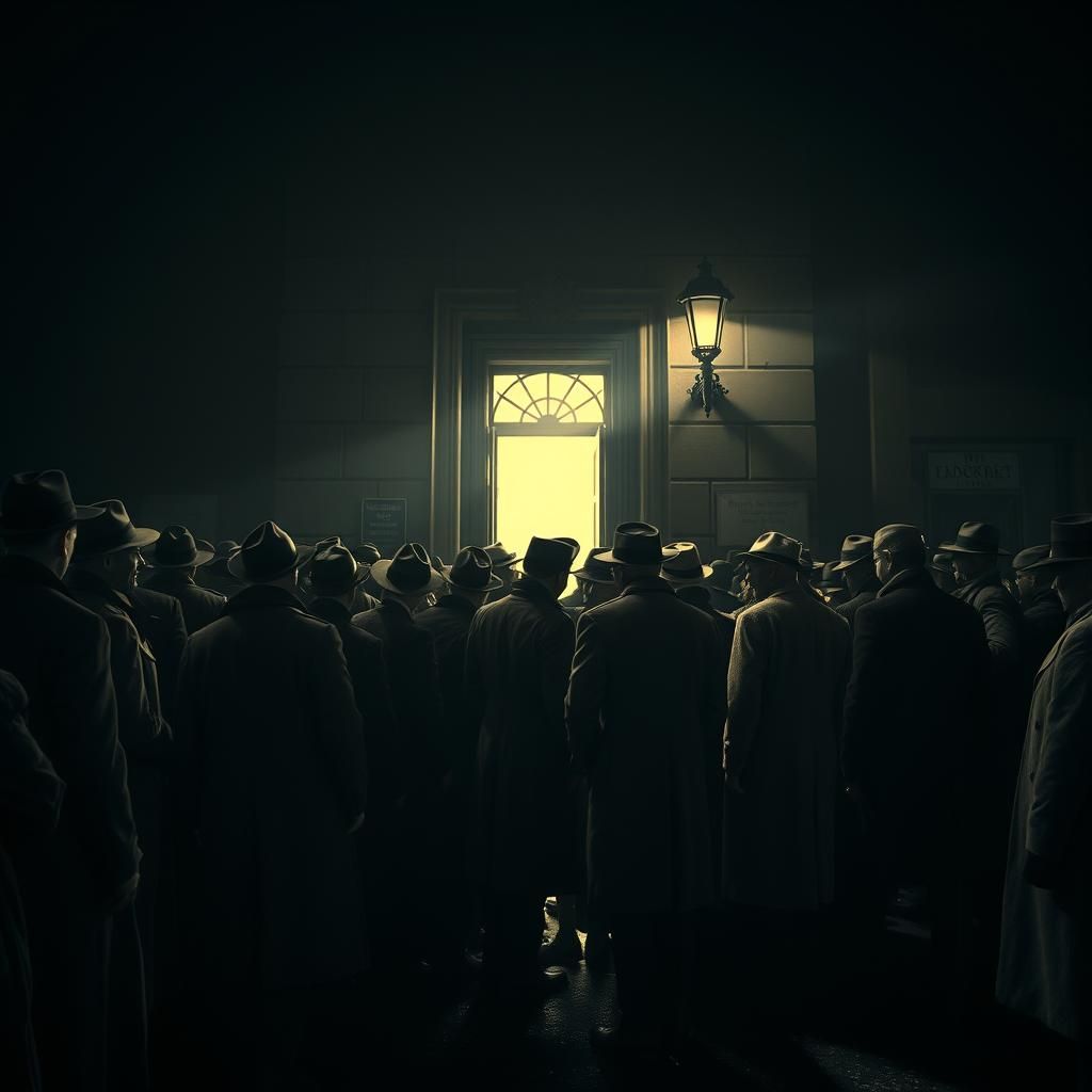 Crowded Queue on a Dark Street at Night