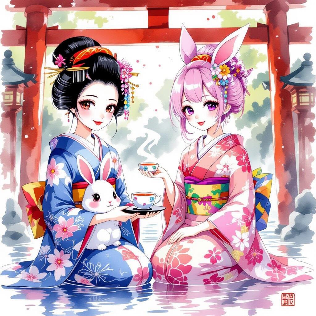 Geishas Serving Tea in Watercolor Alcohol Ink Style