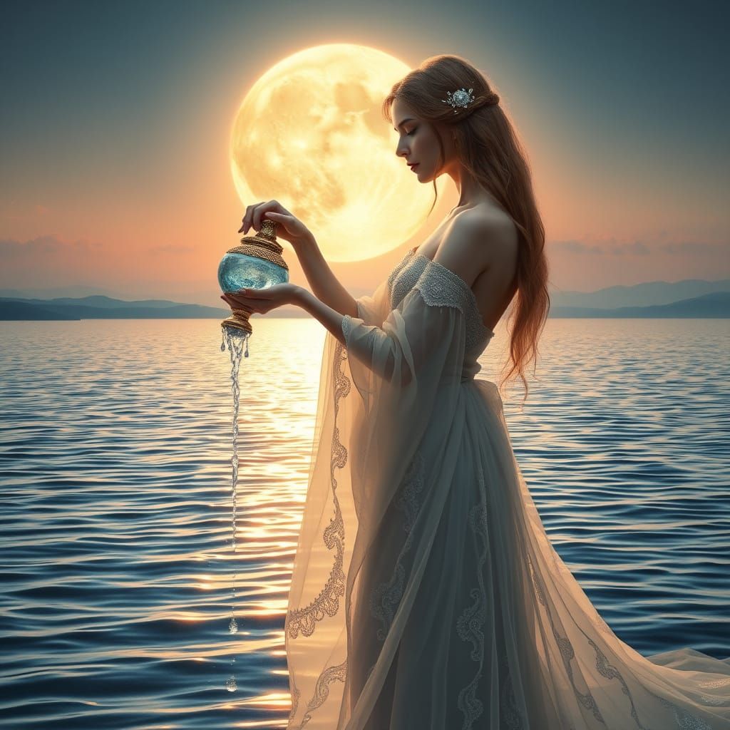 Ethereal Water Bearer in Lunar Landscape