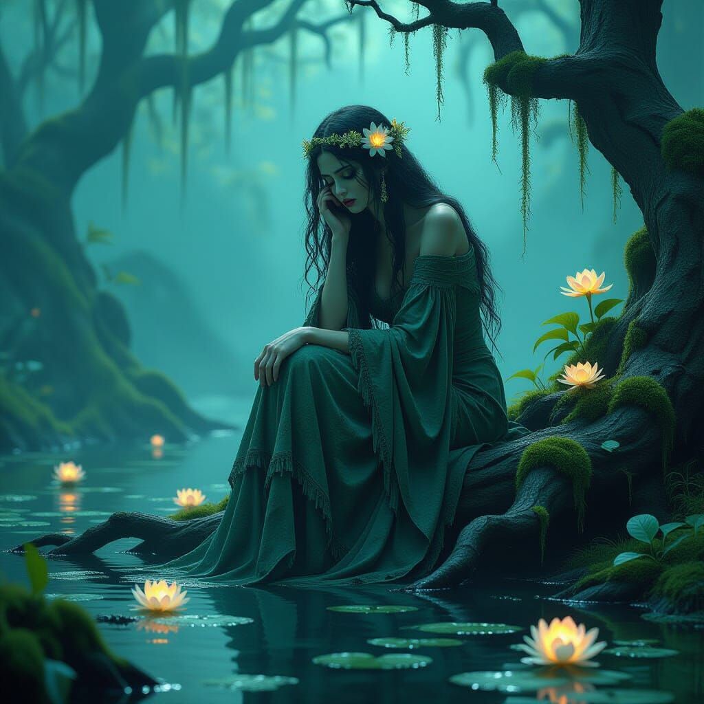 Melancholic Swamp Siren Song in Art Nouveau Style