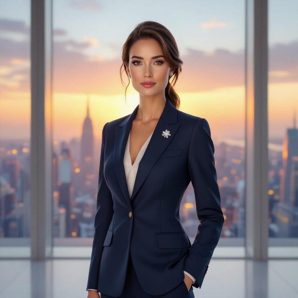 Confident CEO in Art Nouveau Style Office at Sunset