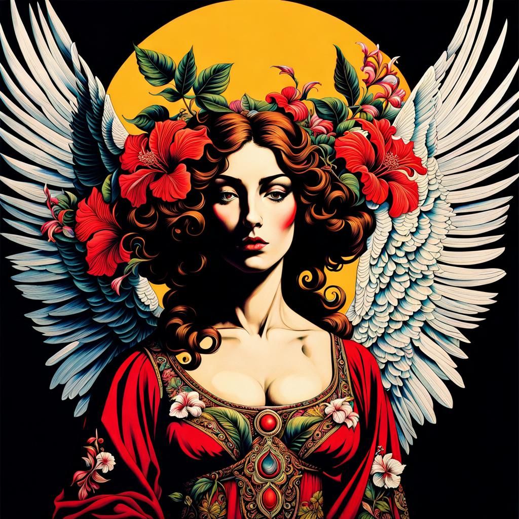 Mystical Angel on Beach in Psychedelic Bohemian Style