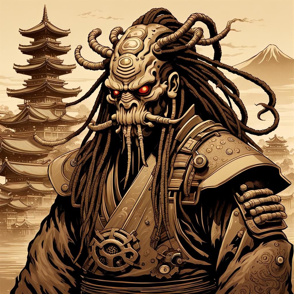 Cyberpunk Cthulhu Samurai in Ukiyo-e Style