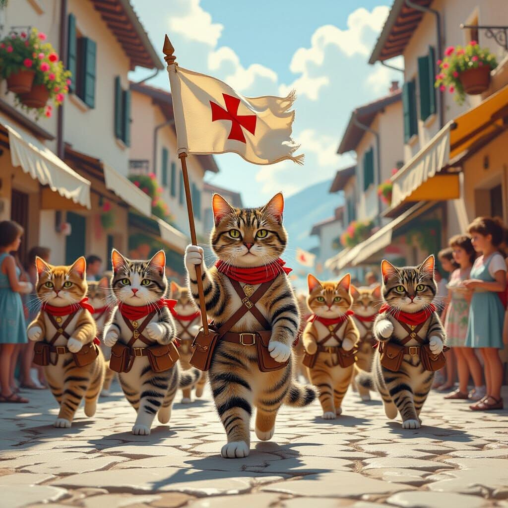 Cats' Food Protest in Italian Village, Realistic Style