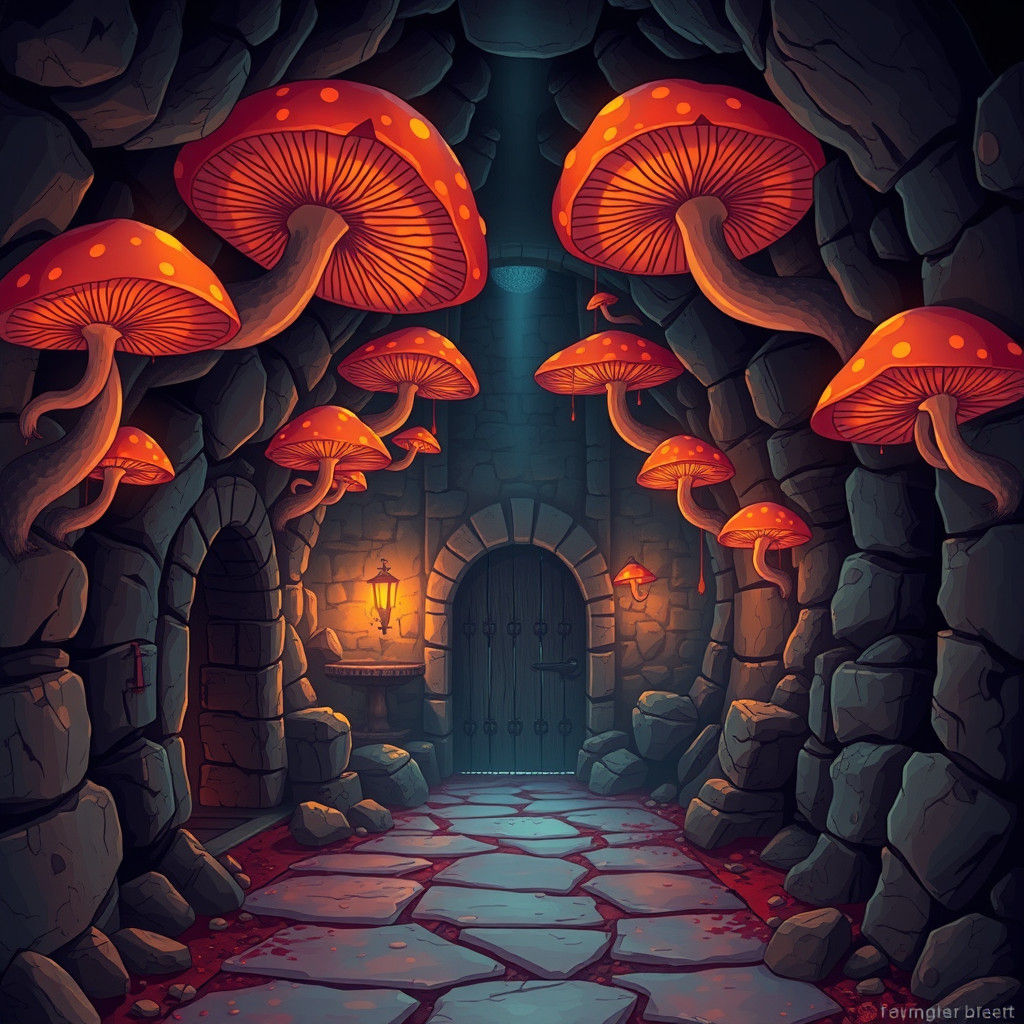 Fire Mushrooms Light Ancient Wizard House Ruins: Anime Art