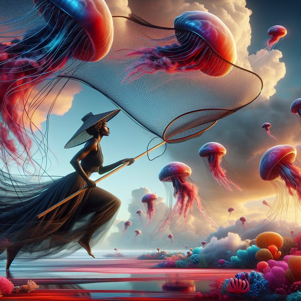 Surreal Sky: Woman Catches Jellyfish in Dreamy Panorama