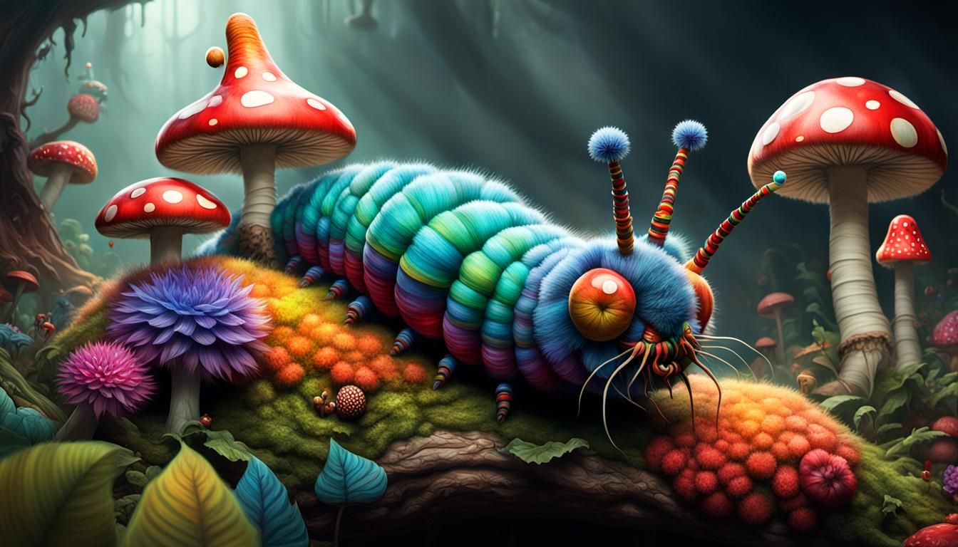 Alice in Wonderland Caterpillar on Mushroom, Detailed Art