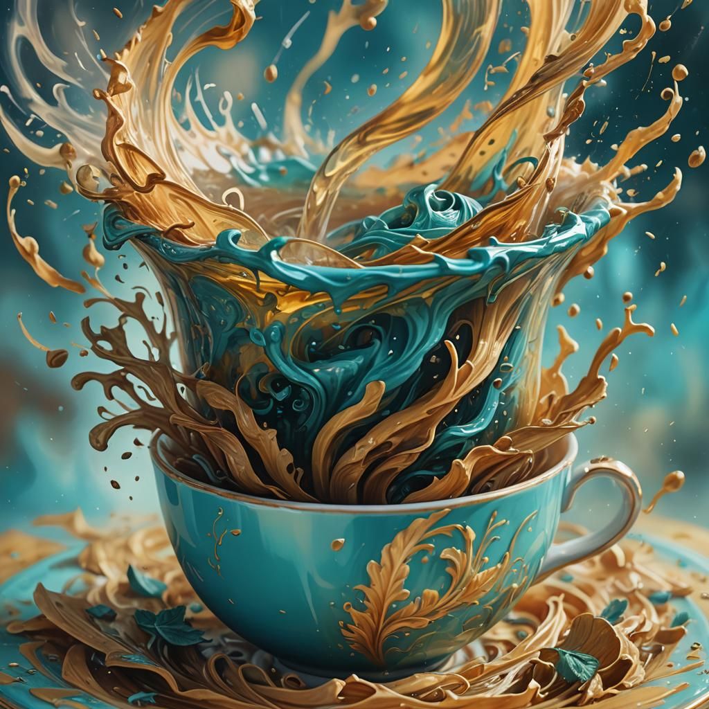 Surreal Teacup Tornado in Oil Painting Style