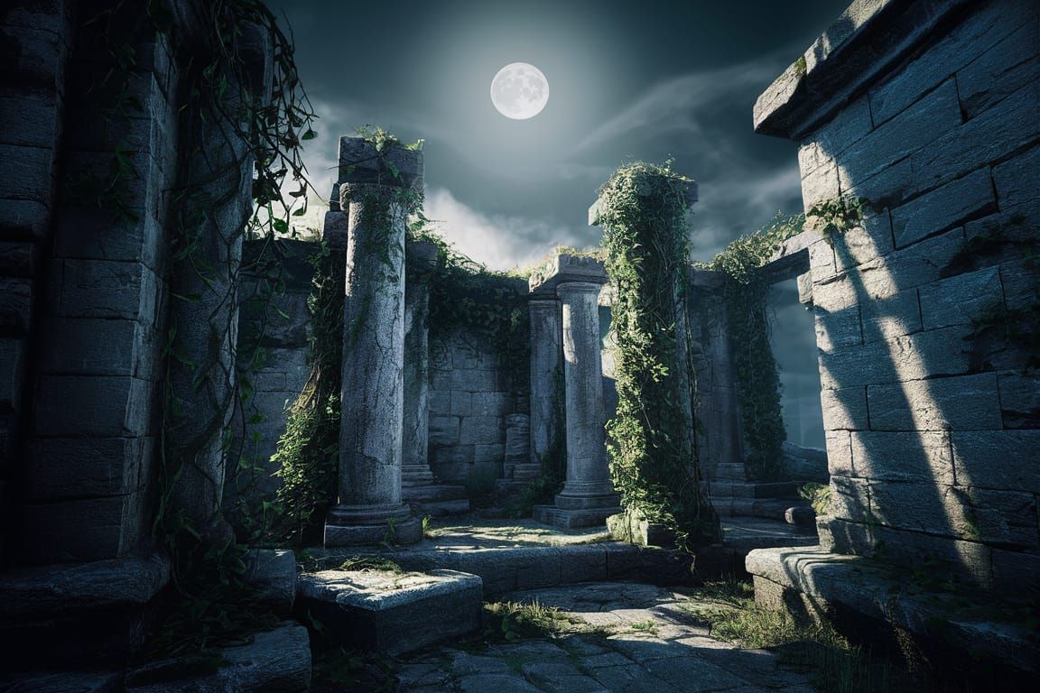 Moonlit Ancient Stone Ruins with Overgrown Vines