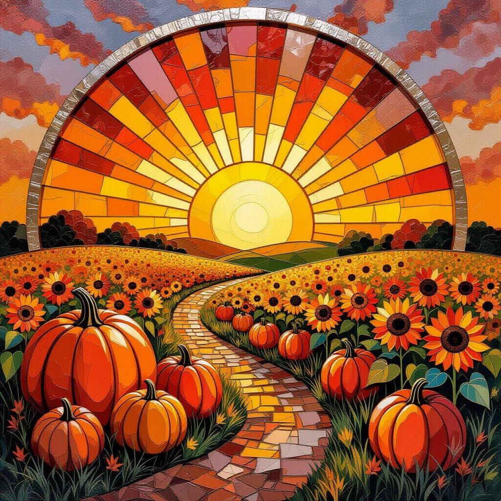 Embossed Metal Relief Harvest Scene at Sunrise